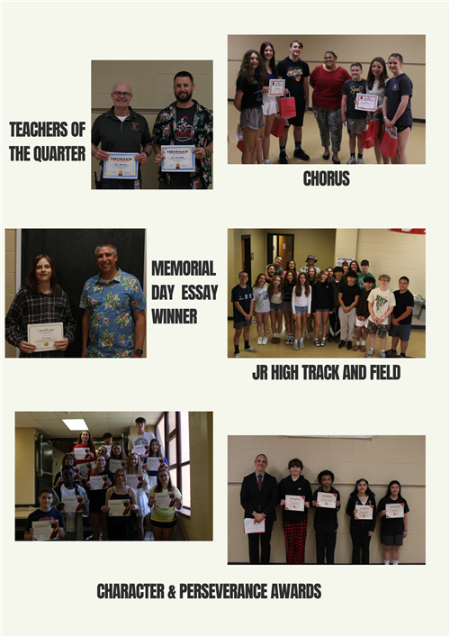 Collage of student pictures from recognition assembly including chorus, essay winner, track and field and character awards